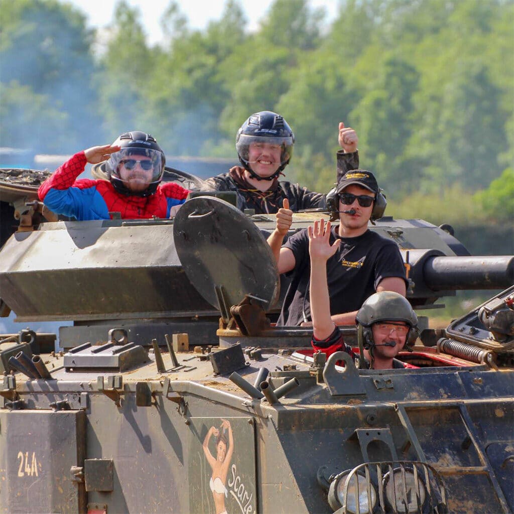 Stag Party activities at Armourgeddon, Spiderman in a tank
