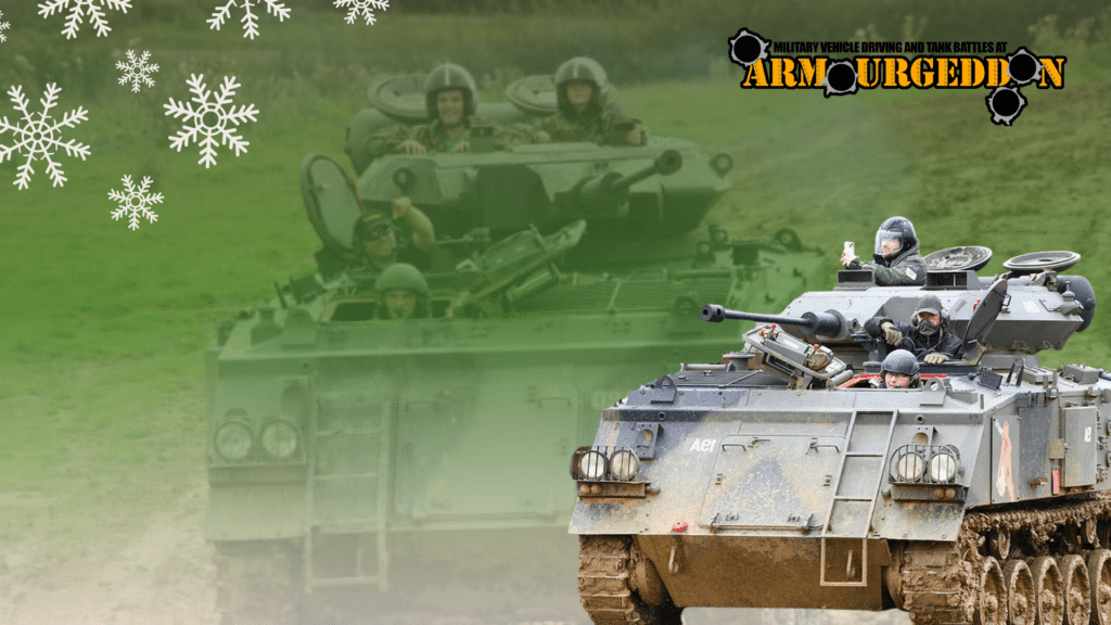 Men In tanks on a green field with camo background and some snowflakes